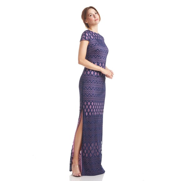 JS Collections womens Linda Cap Sleeve Embroidered Long Column Gown size 4 Navy - Picture 1 of 15